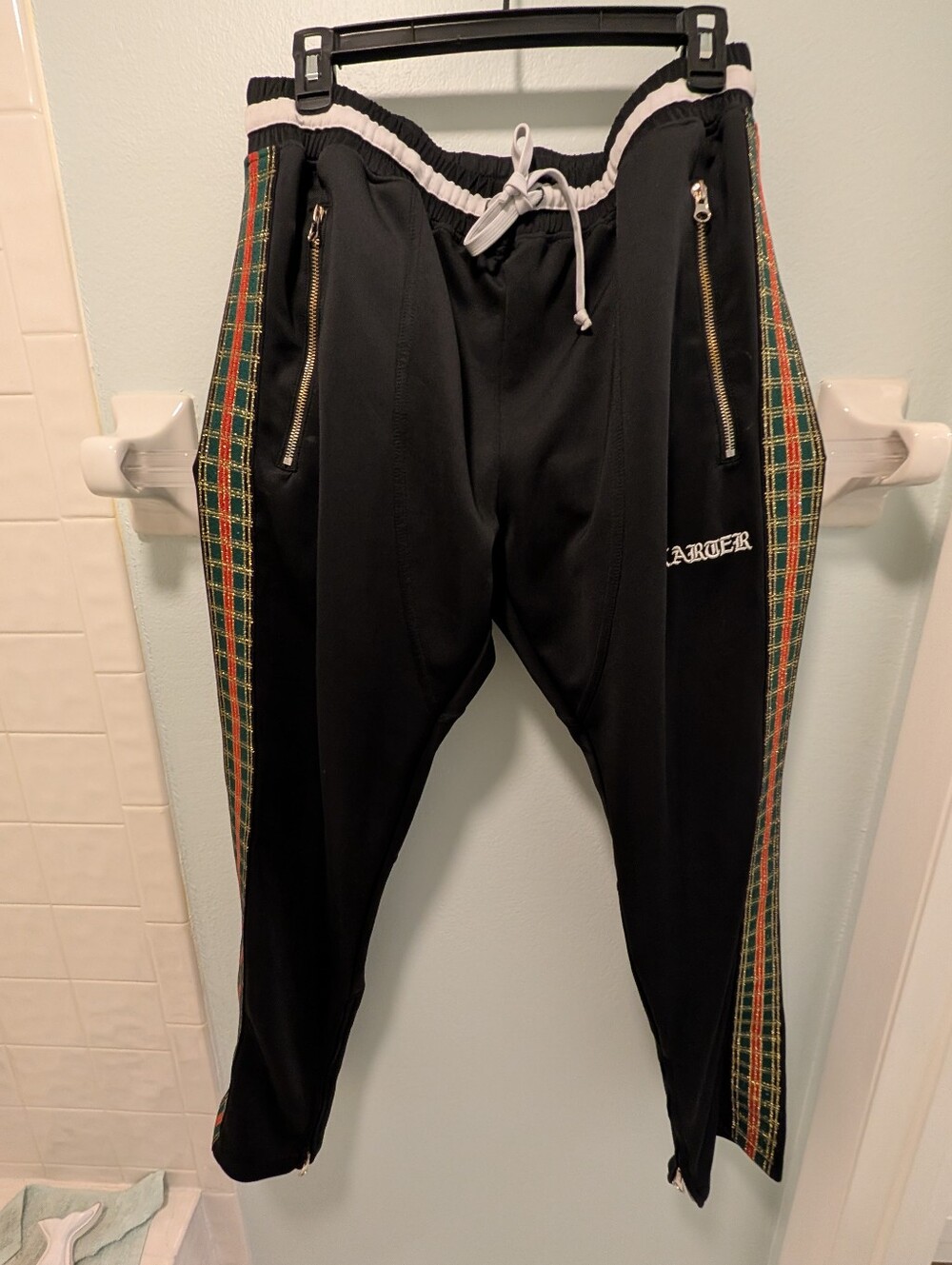 Women's Karter  Black Track Pants  with Green Plaid Side Stripe XL